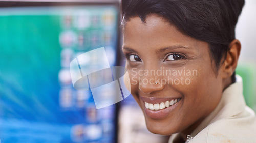 Image of Business woman, portrait and digital administrator at a computer with smile and ready for work. Tech, desk and happy african female professional with online job and confidence from admin career