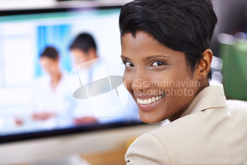 Image of Black woman, portrait and website developer at computer with a smile and ready for digital photo editing. Tech, desk and professional with online job and confidence from company and creative career