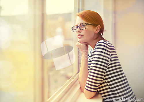 Image of Window, thinking and woman in office with glasses, career opportunity and vision in morning. Glass, creative business and girl with insight, design inspiration and calm professional with startup idea