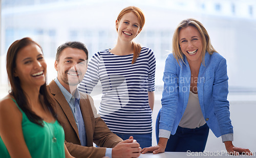 Image of Portrait, office and group of happy business people with confidence, opportunity or creative collaboration. Consultant, man and women with smile, trust and pride for professional teamwork at startup