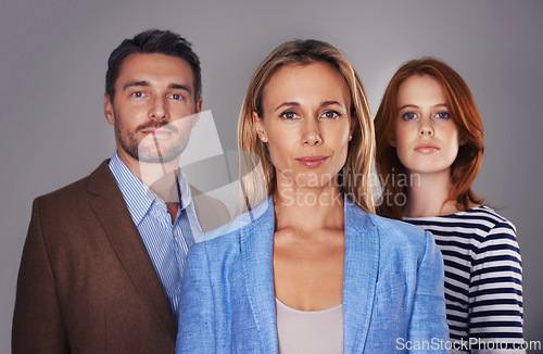 Image of Teamwork, professional and portrait of business people on gray background for career, work and job. Collaboration, about us and men and women with confidence, company pride and support in studio