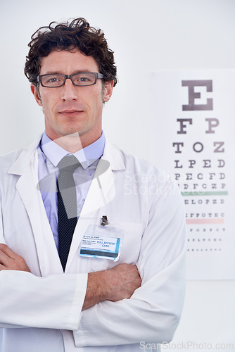 Image of Man, optician and portrait for eye exam consultation or vision testing or prescription lens, glaucoma or confidence. Male person, glasses and ophthalmology checkup at clinic or advice, care or health