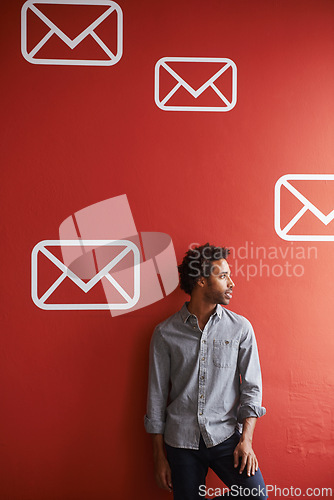 Image of Businessman, entrepreneur and thinking of idea by wall with communication agency for email marketing career. African person, employee and thoughtful for message notification icon with mockup space