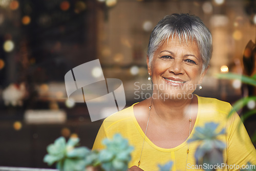 Image of Senior woman, smile and portrait in cafe with plant for calm, style and relax for retired and elderly in Amsterdam. Happy person or pensioner and sit in coffee shop for customer and unwind on mockup