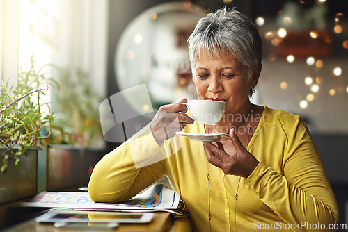 Image of Senior woman, tea and smile in cafe for relax, style and free time for fashion, retired and elderly in outdoor. African person and pensioner with cup for unwind, hairstyle and happy on mockup