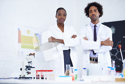 Image of Scientist, coat and portrait in lab for teamwork, chemistry and experiment with molecule, cylinder and microscope. Young people or colleague with medical research, biology or test for pathology