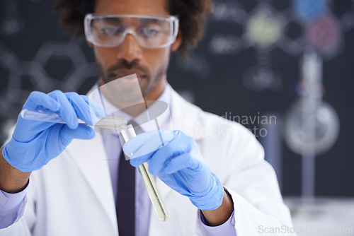 Image of Science, test tube and man scientist in a laboratory for clinical research, study or chemical reaction experiment. Medical, vial and male healthcare expert with medicine, assessment or pharma exam