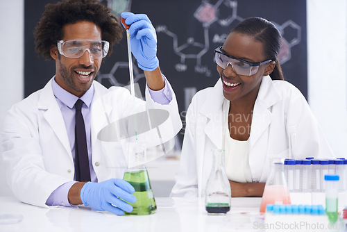 Image of Science, test tube and scientist people in lab for clinical research, study or chemical reaction experiment. Medical, vial and healthcare expert team with medicine, examination or pharma assessment