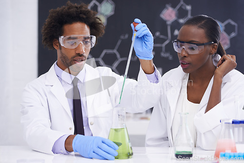 Image of Scientist, team and chemical in beaker for science experiment with medical research in laboratory. Chemistry, pharmacy and healthcare innovation with vaccine testing, black people and liquid solution