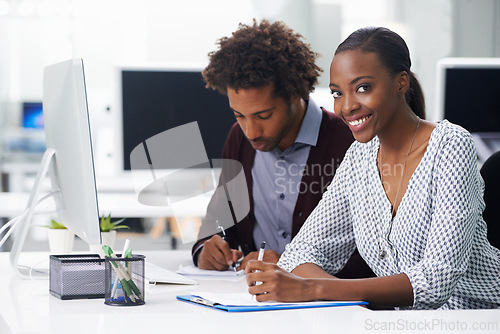 Image of Collaboration, documents and business black people in office together for planning or budget. Contract, meeting or teamwork with young woman and male employee in workplace for agenda or review