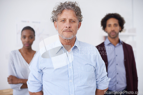 Image of Man, coworker and portrait in office with colleagues for collaboration, research and career for organisation, agency or company. Diverse team or engineer with mentor for meeting and teamwork indoor