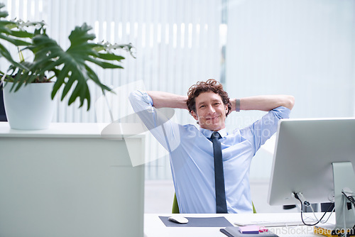 Image of Man, office and relax portrait with computer, happy and confident corporate male person sitting and workspace desk. Technology, digital search administrator or smile, browse internet on business pc