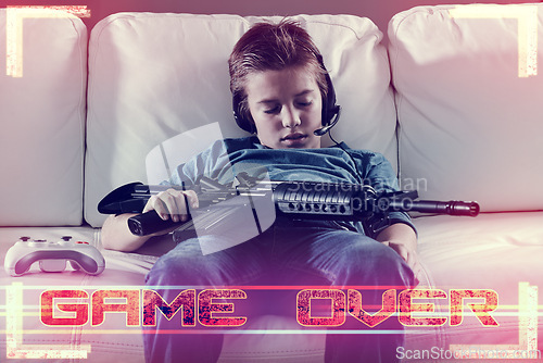 Image of Tired, kid and gaming in home at night with overlay of video game in competition with virtual gun, skill or violence. Esports, graphic or child sleep after playing in battle with electronics weapon