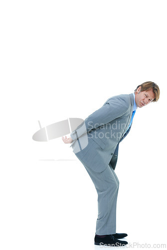 Image of Businessman, portrait and back with pressure, workload or carrying invisible weight on a white studio background. Isolated man, employee or model holding something heavy for business on mockup space