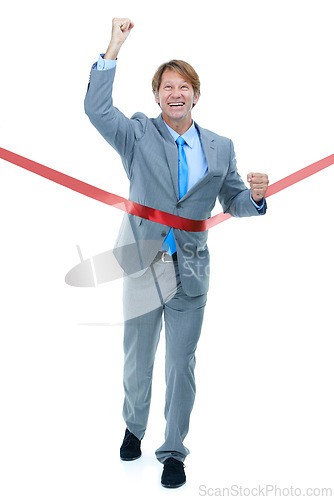 Image of Happy, businessman and running with finish line for success, completion or victory on a white studio background. Excited man or employee with smile and fist pump in celebration for winning on mockup