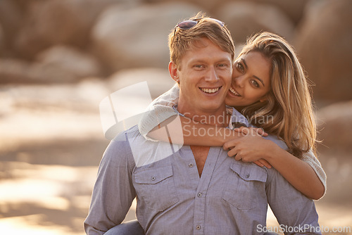 Image of Couple, portrait and hug for love in nature, connection and peace for romance in relationship. Happy people, smile and security in marriage, embrace and travel on vacation or holiday for outdoor date