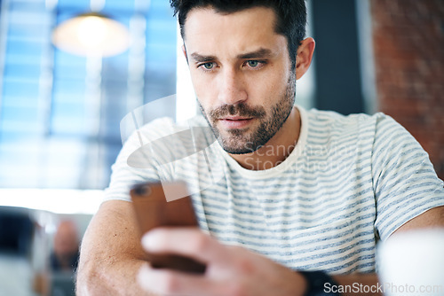 Image of Man, smartphone and scroll on social media, reading on mobile app or ebook with communication and contact. Chat, email or text message with technology, search internet and online connectivity