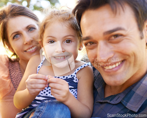 Image of Family, parents and portrait with child in park happy for bonding, healthy relationship and relax on Saturday. Smile, father and mother with daughter for selfie in nature, dad and mom with young girl