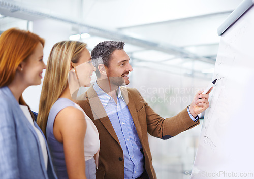 Image of Teamwork, businessman and writing on whiteboard in presentation for target growth and sales statistics with chart. Graph, mentor and employees with smile in training for financial planning of company