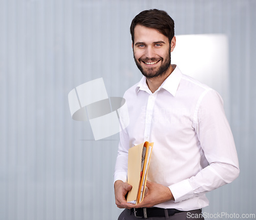 Image of Files, paperwork and portrait of businessman with confidence for job application, document and work. Mockup, male person and smile with happiness for professional career, folder and recruitment