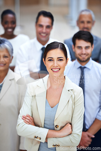 Image of Portrait, leadership and group of business people with woman manager, confidence and solidarity at startup. Community, professional men and women together in office with teamwork, pride and trust