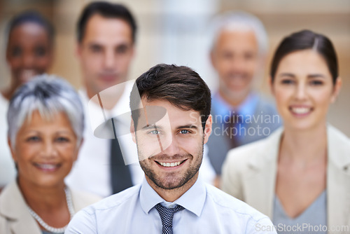 Image of Portrait, leadership and group of business people with teamwork, confidence or solidarity at startup. Community, professional men and women together in office with manager, pride and trust with smile