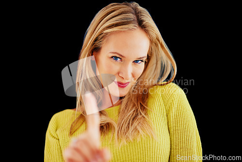 Image of Woman, portrait and studio with hand for number one, symbol and gesture for top choice or decision. Female person, finger and sign for winning or success, victory and champion or vote for product.