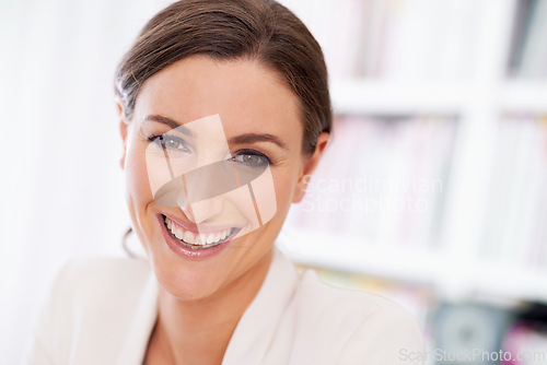 Image of Employee, creative and portrait of woman, happy and smile for working in business as publisher. Adult, female person and girl with joy in career of ebook industry, professional and confident