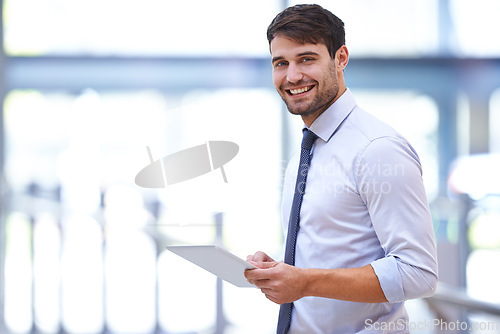 Image of Smile, tablet and portrait of man in office for business research, feedback and job pride. Professional person, technology and happy with confidence for digital schedule, email and communication