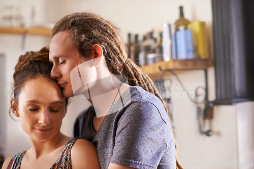 Image of Hug, rasta and home with couple, peace and bonding together with happiness and calm. Marriage, apartment and embrace with romance and dreadlocks with relationship and morning with man, love and woman