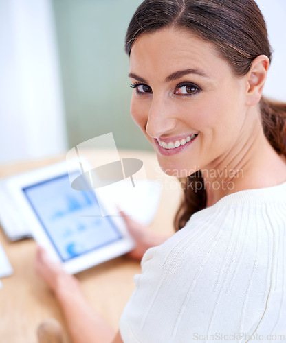 Image of Portrait, woman or tablet on business, data or analysis to forecast, future or bitcoin or ecommerce. Businesswoman, screen or software to search, blockchain or crypto as economy chart document