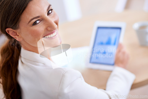 Image of Portrait, charts and tablet of businesswoman, smile and technology with data. Statistics, graphs and planning or financial report, female fintech advisor and professional employee in corporate