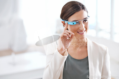 Image of Businesswoman, futuristic and smart glasses or technology connectivity for digital communication, biometrics or corporate. Female person, virtual reality and career innovation, metaverse or online