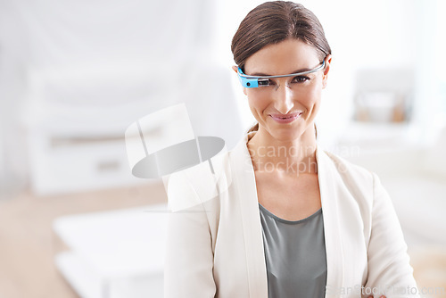 Image of Businesswoman, portrait and futuristic with smart glasses technology for digital communication, biometrics or corporate. Female person, virtual reality and employee innovation, metaverse or scanner