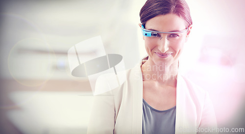Image of Woman, portrait and futuristic with smart glasses technology for digital communication, biometrics or corporate. Female person, virtual reality and business innovation or cyber, metaverse or online
