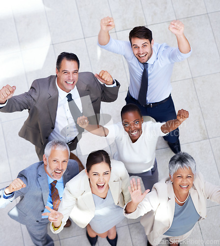 Image of Business people, portrait and celebration in office, achievement and support or unity. Colleagues, diversity and collaboration for company win, solidarity and cooperation for partnership success