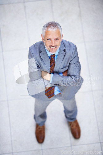 Image of High angle, portrait and happy man with arms crossed in business or office with confidence and pride. Professional, entrepreneur and above person in lobby excited for morning in London at workplace