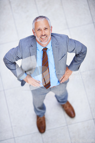 Image of Happy, portrait and high angle of man in business or office with professional confidence and pride. Above, entrepreneur and mature person smile in lobby excited for morning in London at workplace