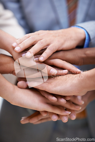 Image of Teamwork, support and hands of business people with solidarity, collaboration and partnership trust closeup. Team building, community and employees with diversity, commitment and goal motivation
