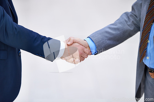 Image of Closeup, business people and shaking hands for deal, collaboration and b2b partnership agreement for consultant. Welcome, introduction and handshake for greeting, meeting and thank you in office