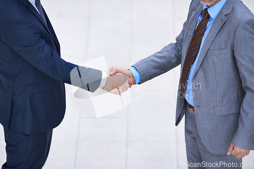 Image of Office, business people and shaking hands for deal, collaboration and b2b partnership agreement for consultant. Welcome, introduction and handshake for greeting, meeting and thank you for support