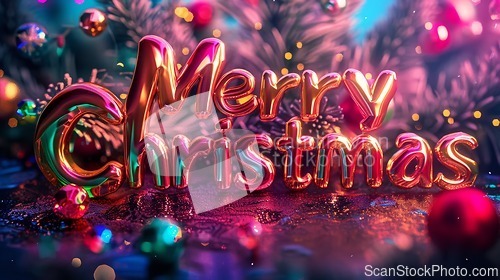 Image of Colorful Glossy Surface Merry Christmas concept creative horizontal art poster.