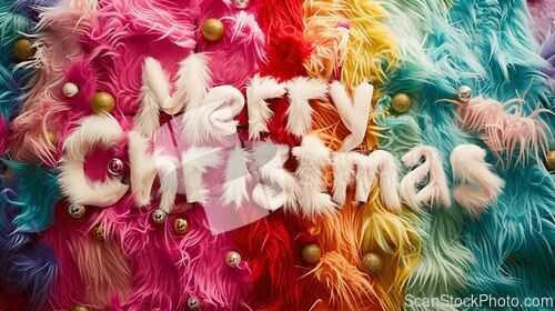 Image of Colorful Fur Merry Christmas concept creative horizontal art poster.