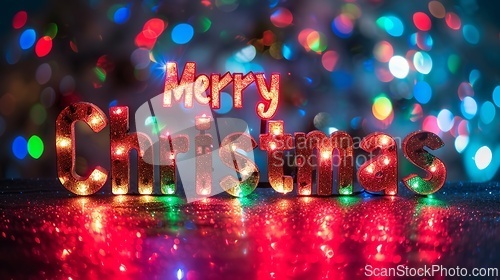 Image of Colorful LED Merry Christmas concept creative horizontal art poster.