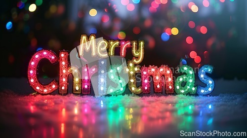 Image of Colorful LED Merry Christmas concept creative horizontal art poster.