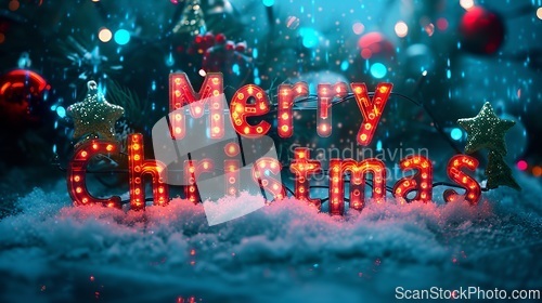 Image of Colorful LED Merry Christmas concept creative horizontal art poster.