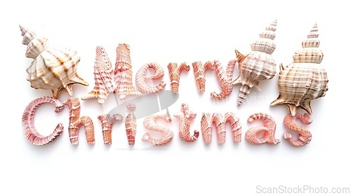 Image of Words Merry Christmas created in Conch Shell Letters.