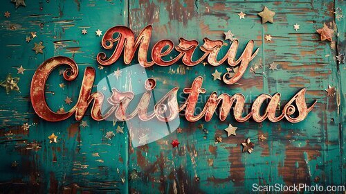 Image of Copper Patina Merry Christmas concept creative horizontal art poster.