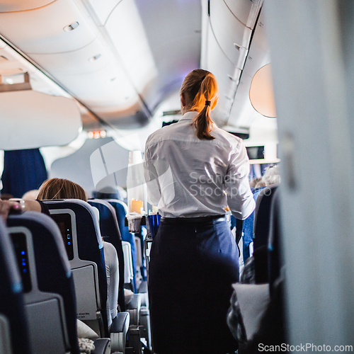 Image of Interior of airplane with passengers on seats and stewardess in uniform walking the aisle, serving people. Commercial economy flight service concept.