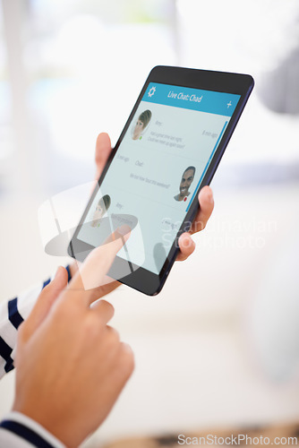 Image of Tablet, screen and hands with chat app for communication, texting and contact or date online. Person typing on digital technology at home with message for ui and internet, reading and social media